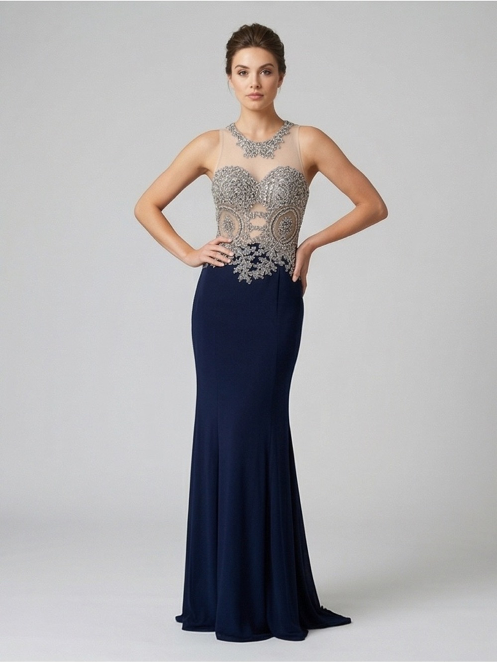 Prom ready Tiffany Designs Embellished Navy/Silver Gown